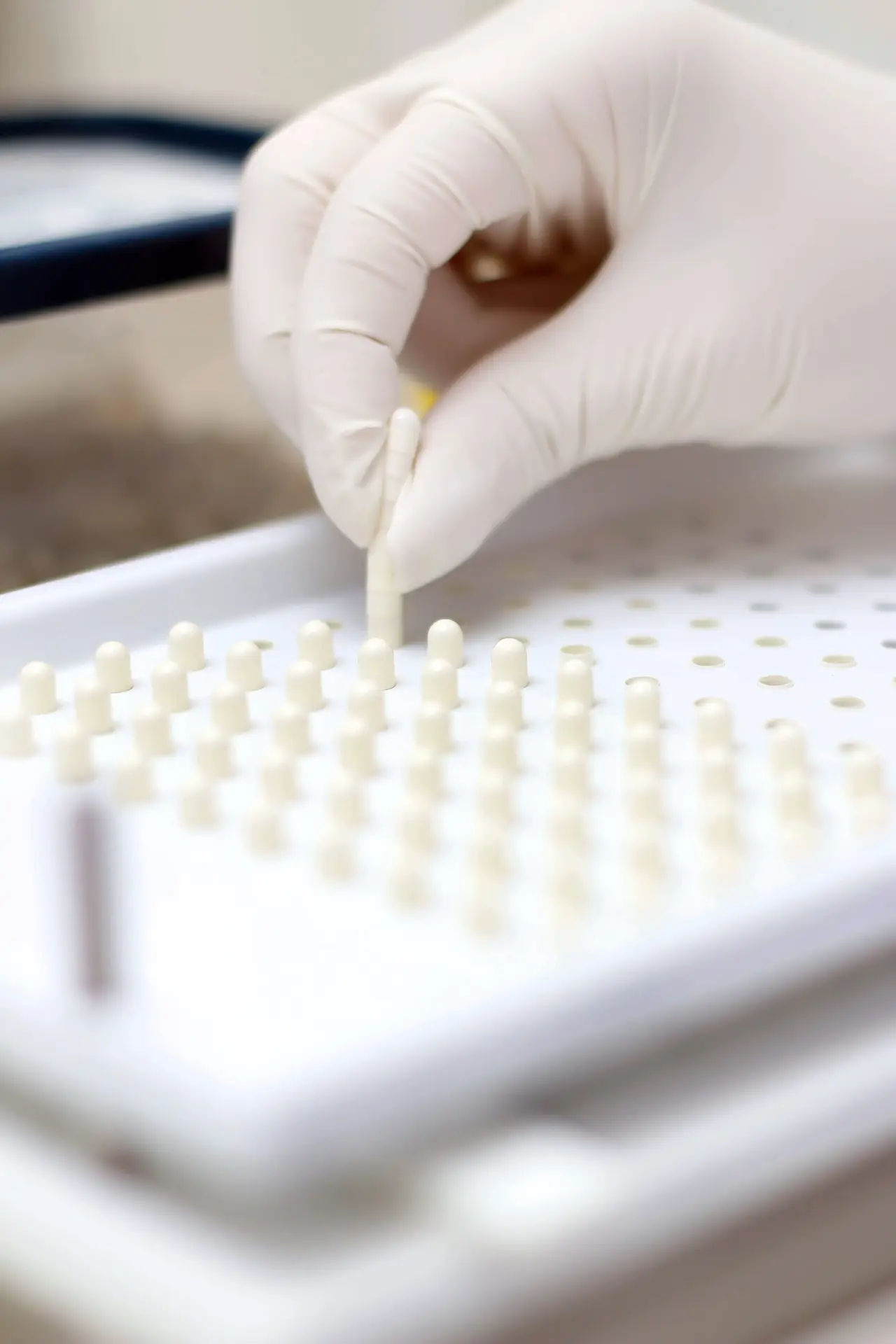 pharmacist hand placing medicine in container